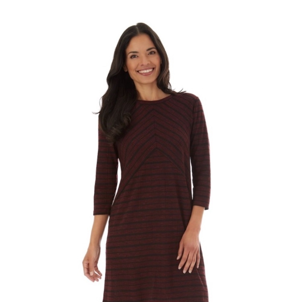Apt. 9 Dress M Burgundy Black Striped Ribbed Knit 3/4 Ruched Sleeve A-Line M
